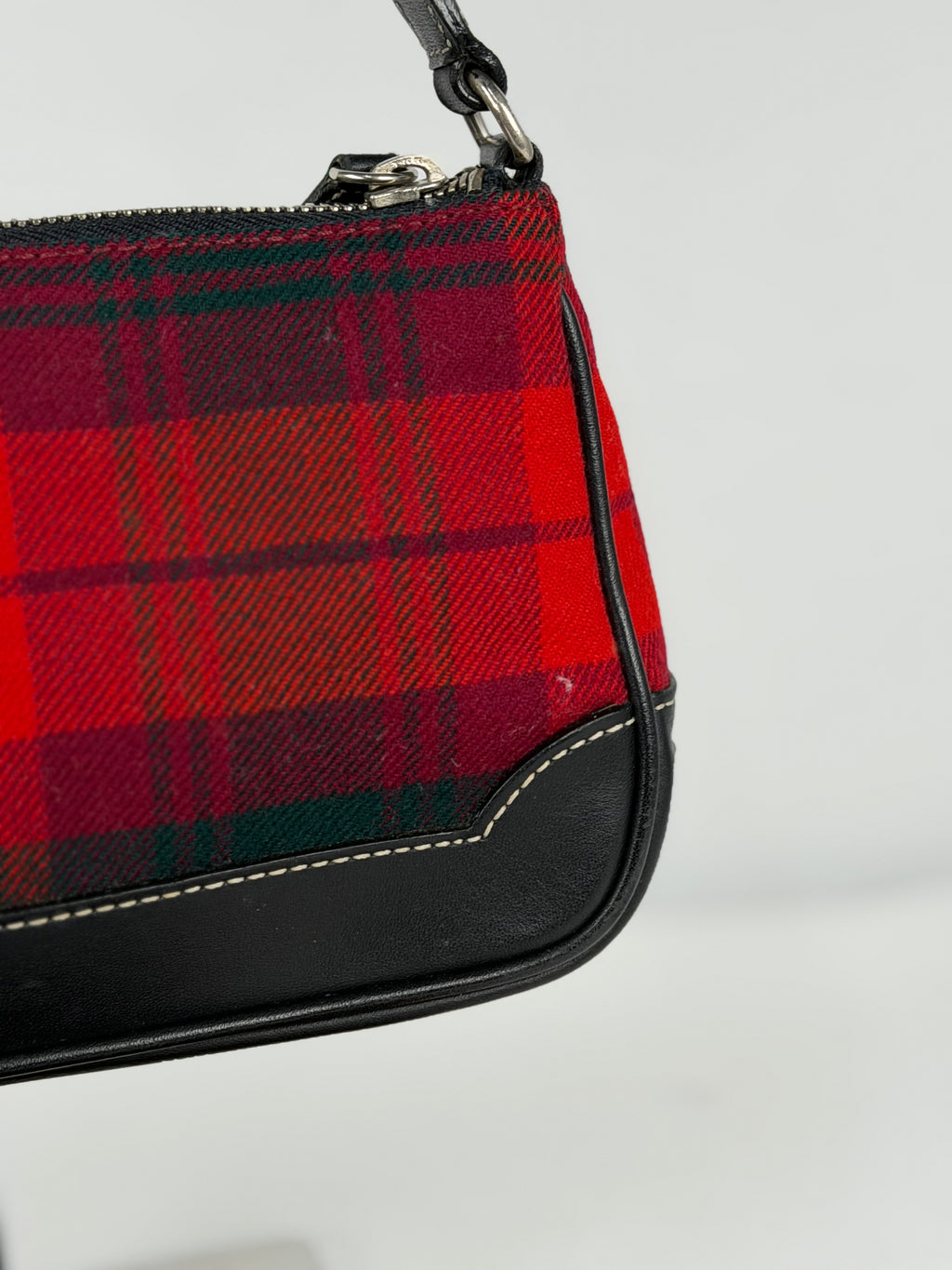Coach Rare Red Plaid Wool Demi Shoulder Bag Black Leather Trim with dustbag