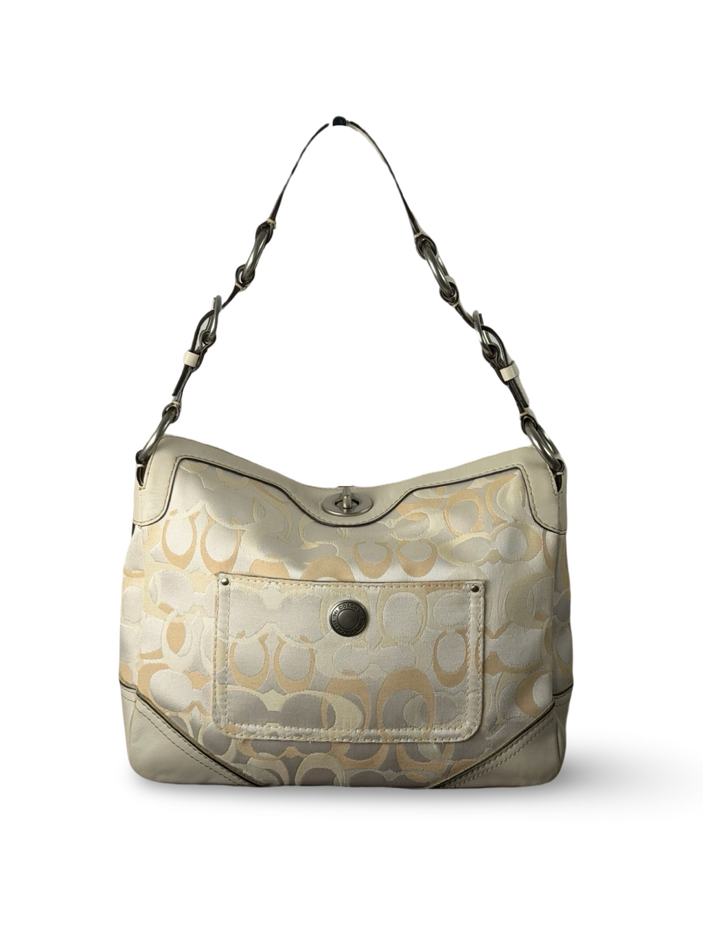 Coach 10142 Chelsea Op Art Cream/White Monogram Turnlock Shoulder Bag Leather Trim