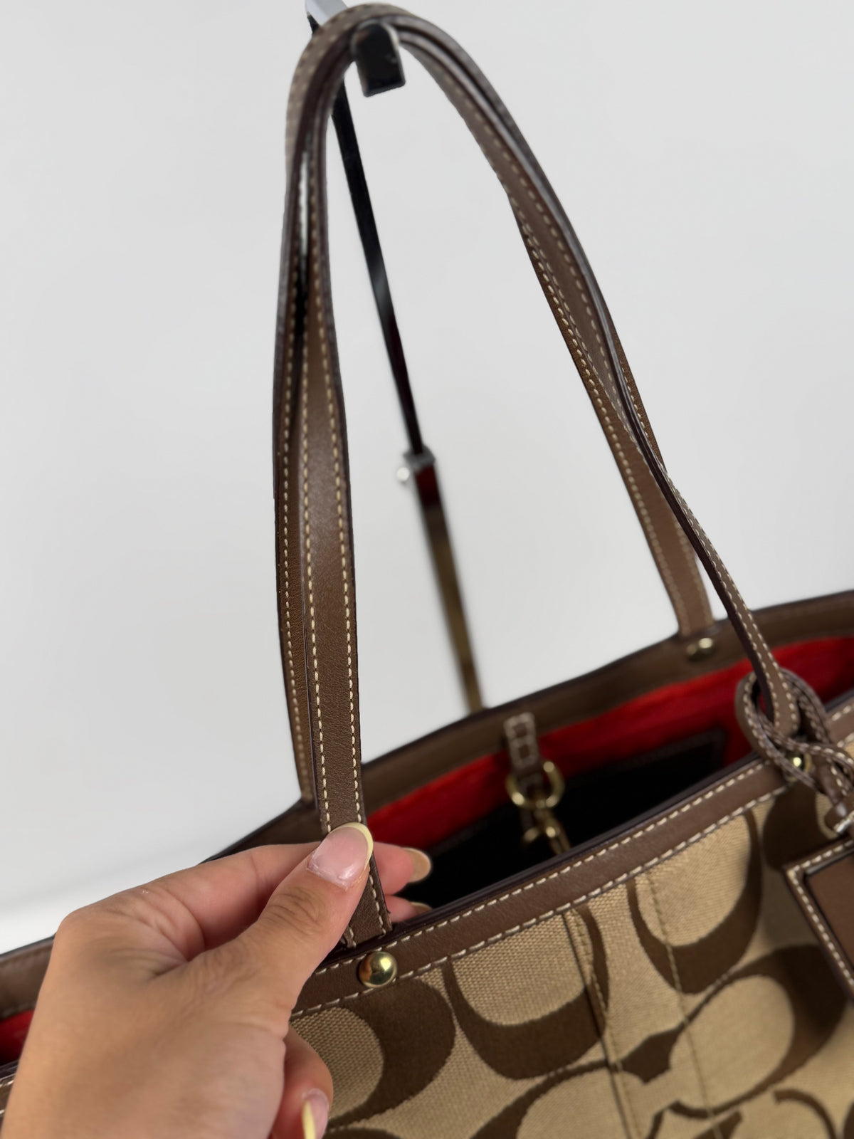Coach 862P Signature Brown and Red Monogram Tote Shoulder Bag Leather Trim