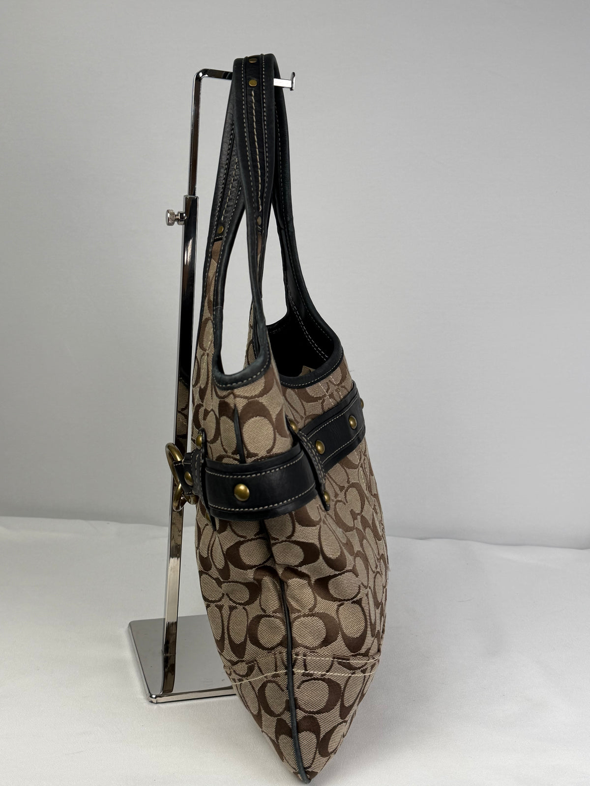 Coach 11280 Ergo Horsebit Signature Brown Monogram Shoulder Bag Black Leather Trim
