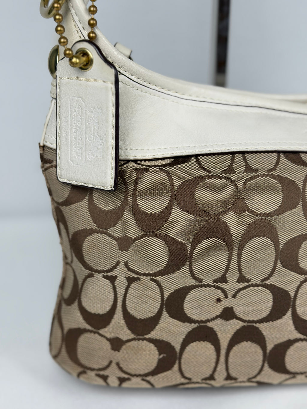 Coach 11444 Hobo Signature Brown Shoulder Bag White Leather Trim