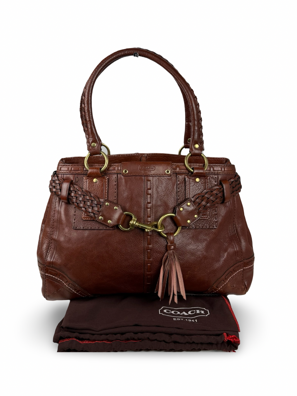 Coach 9290 Rare Hampton Clip Brown Leather Shoulder Bag Braided Detail