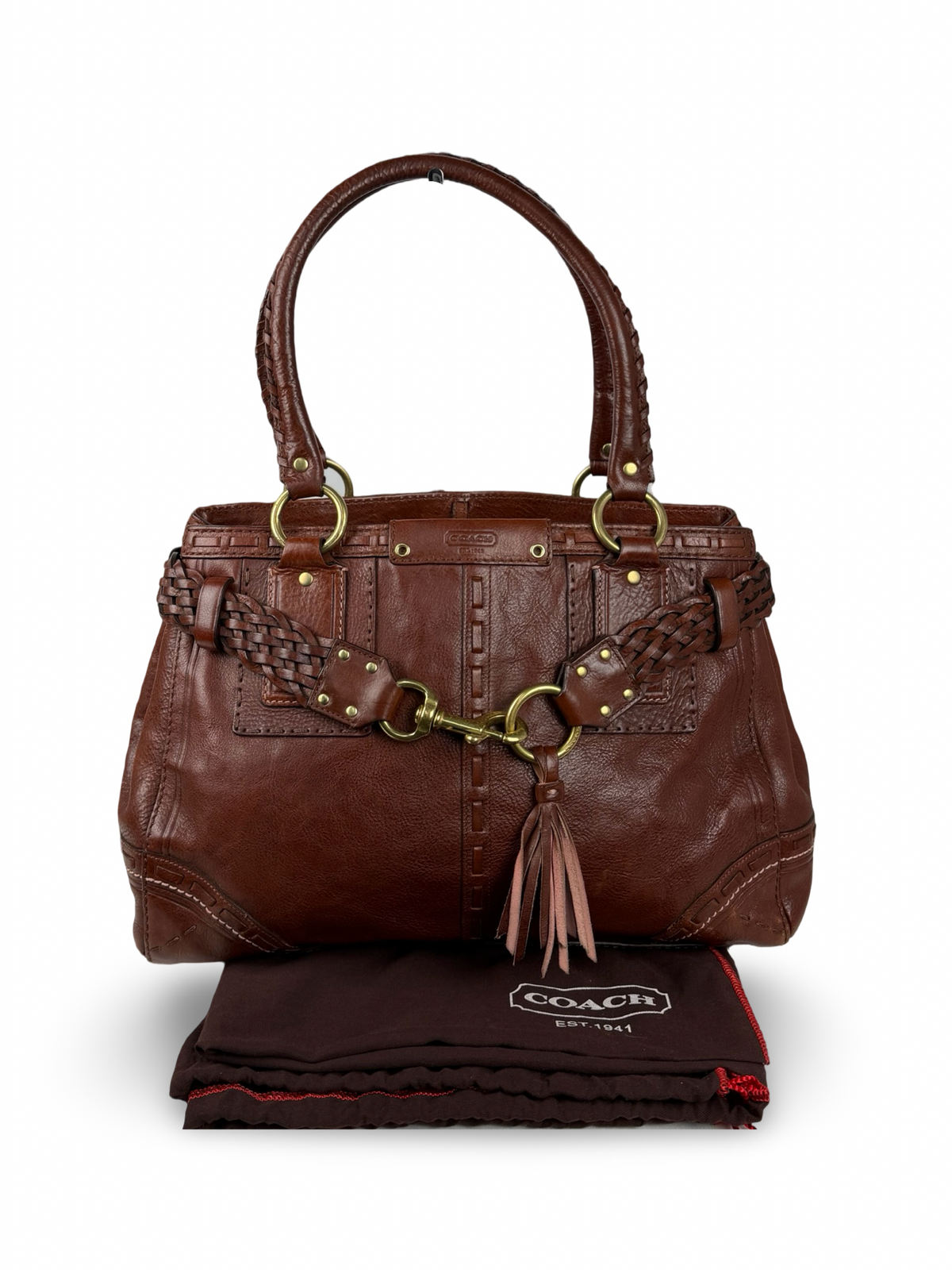 Coach 9290 Rare Hampton Clip Brown Leather Shoulder Bag Braided Detail