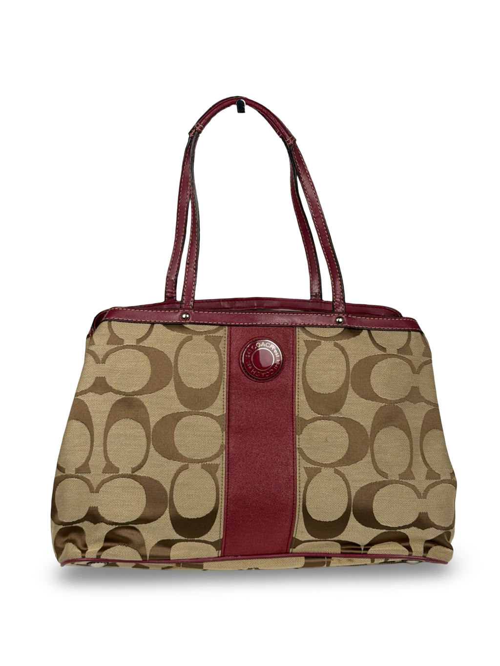Coach F19190 Kisslock Signature Brown/Red Shoulder Bag Leather Trim