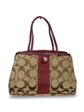 Coach F19190 Kisslock Signature Brown/Red Shoulder Bag Leather Trim