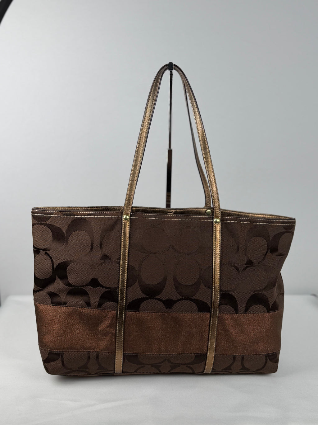 Coach F11099 Signature Chocolate Brown Monogram Shoulder Tote Bag Leather Trim