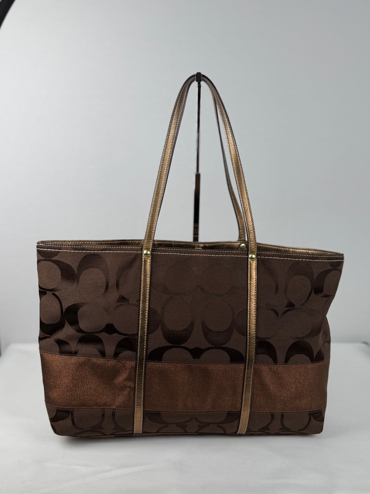 Coach F11099 Signature Chocolate Brown Monogram Shoulder Tote Bag Leather Trim