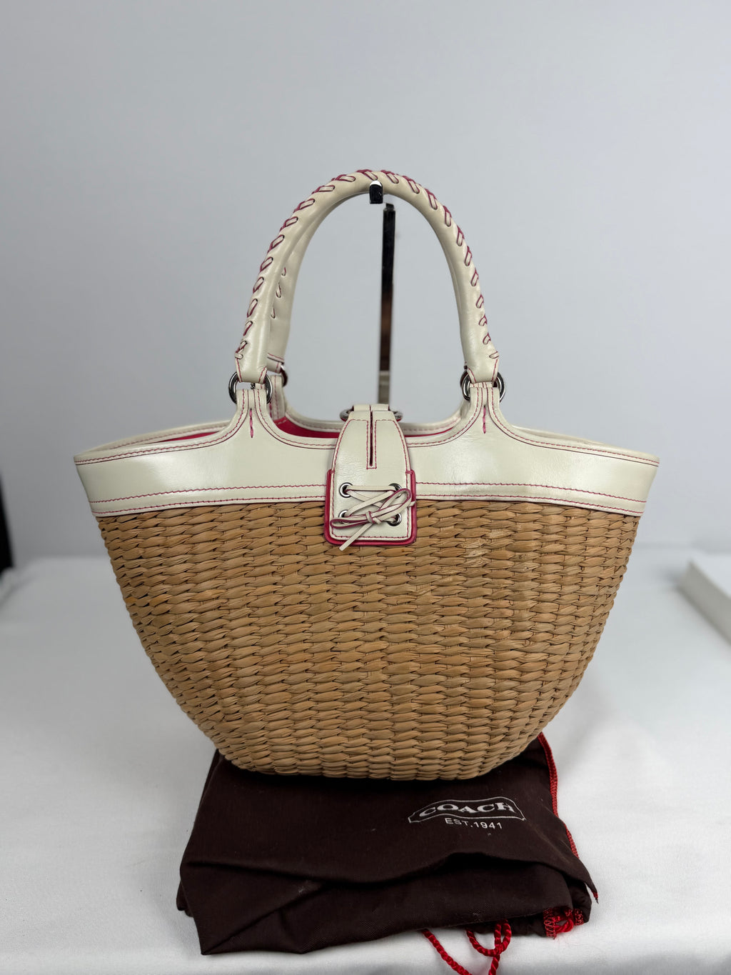 Coach 6271 Large Woven Straw Basket Bag White Leather Trim