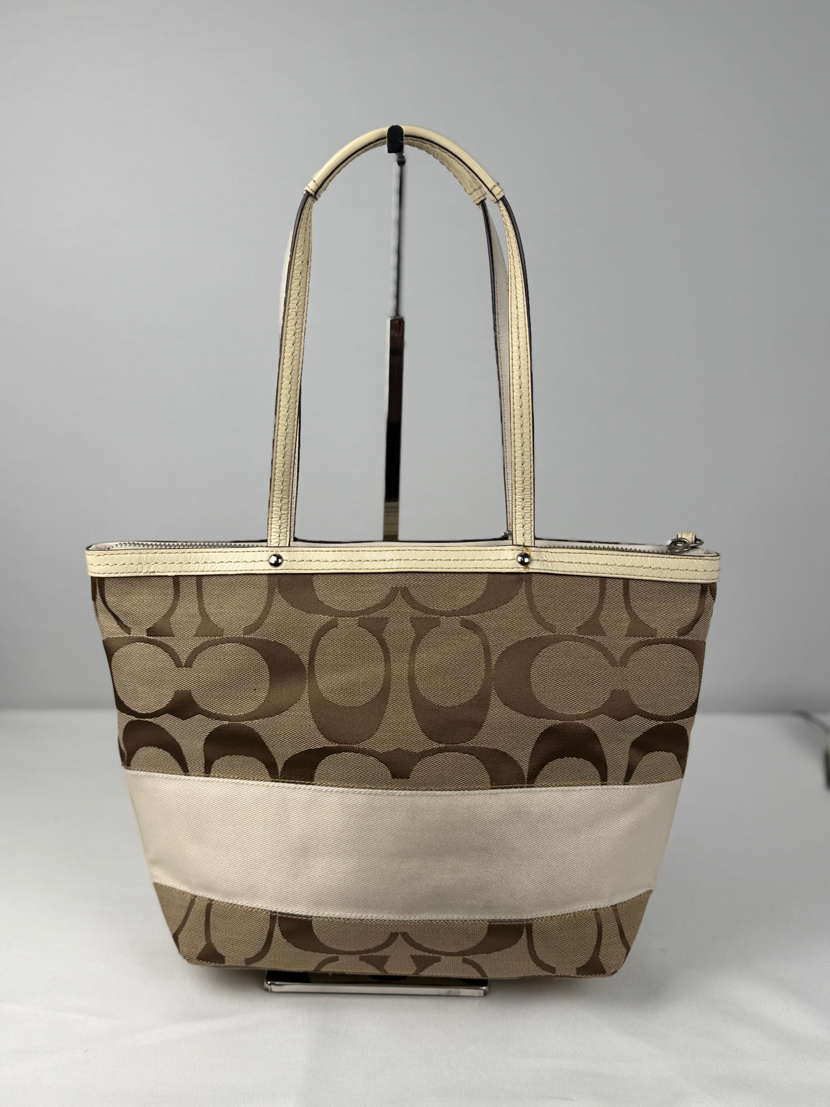 Coach F13548 Signature Brown/White Tote Shoulder Bag Leather Trim