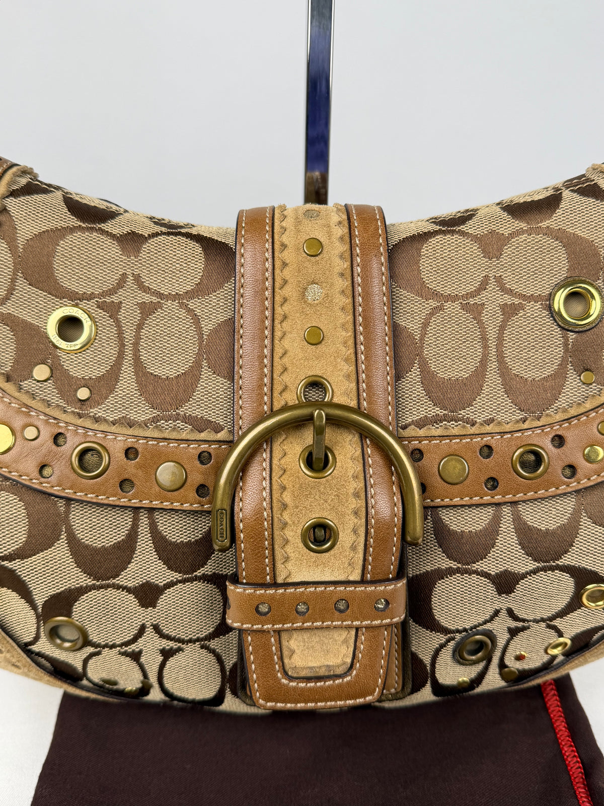 RARE Coach 9451 Soho Signature Brown Shoulder Bag Studded Embellishments Suede Leather Trim