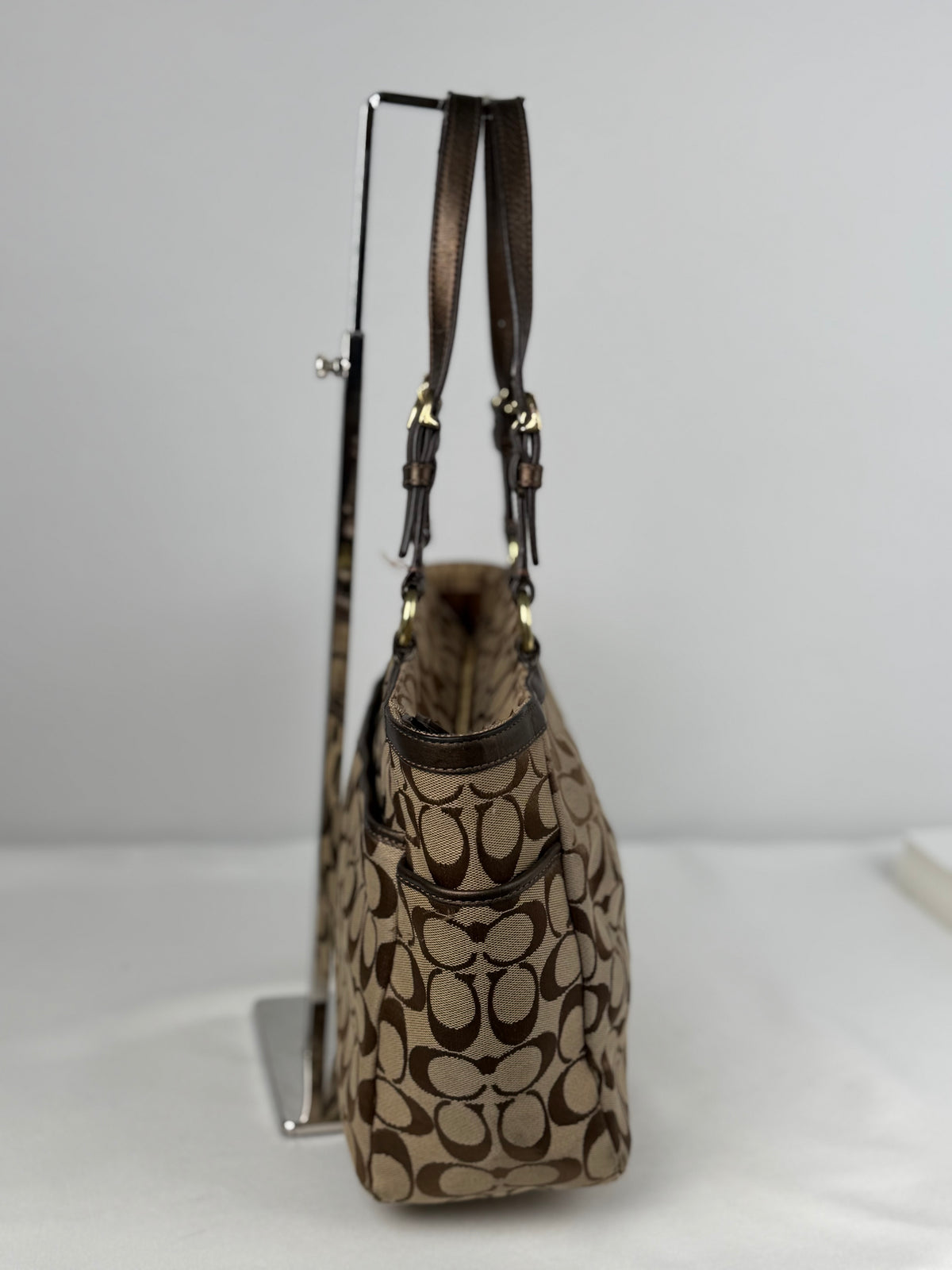 Coach F17726 Signature Brown Shoulder Tote Bag Leather Trim