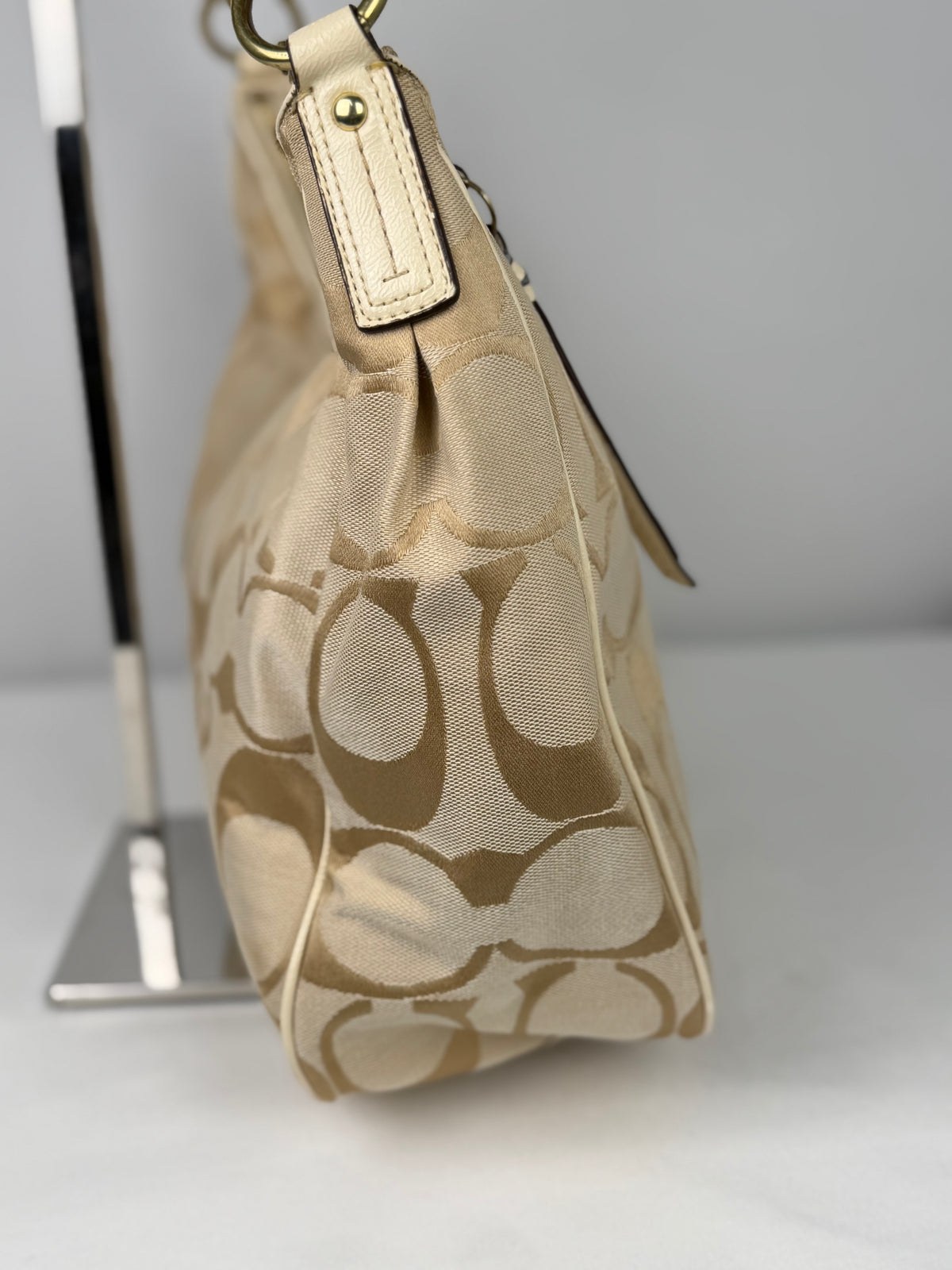 Coach F21873 Signature Beige Monogram Shoulder Bag Cream Leather Trim
