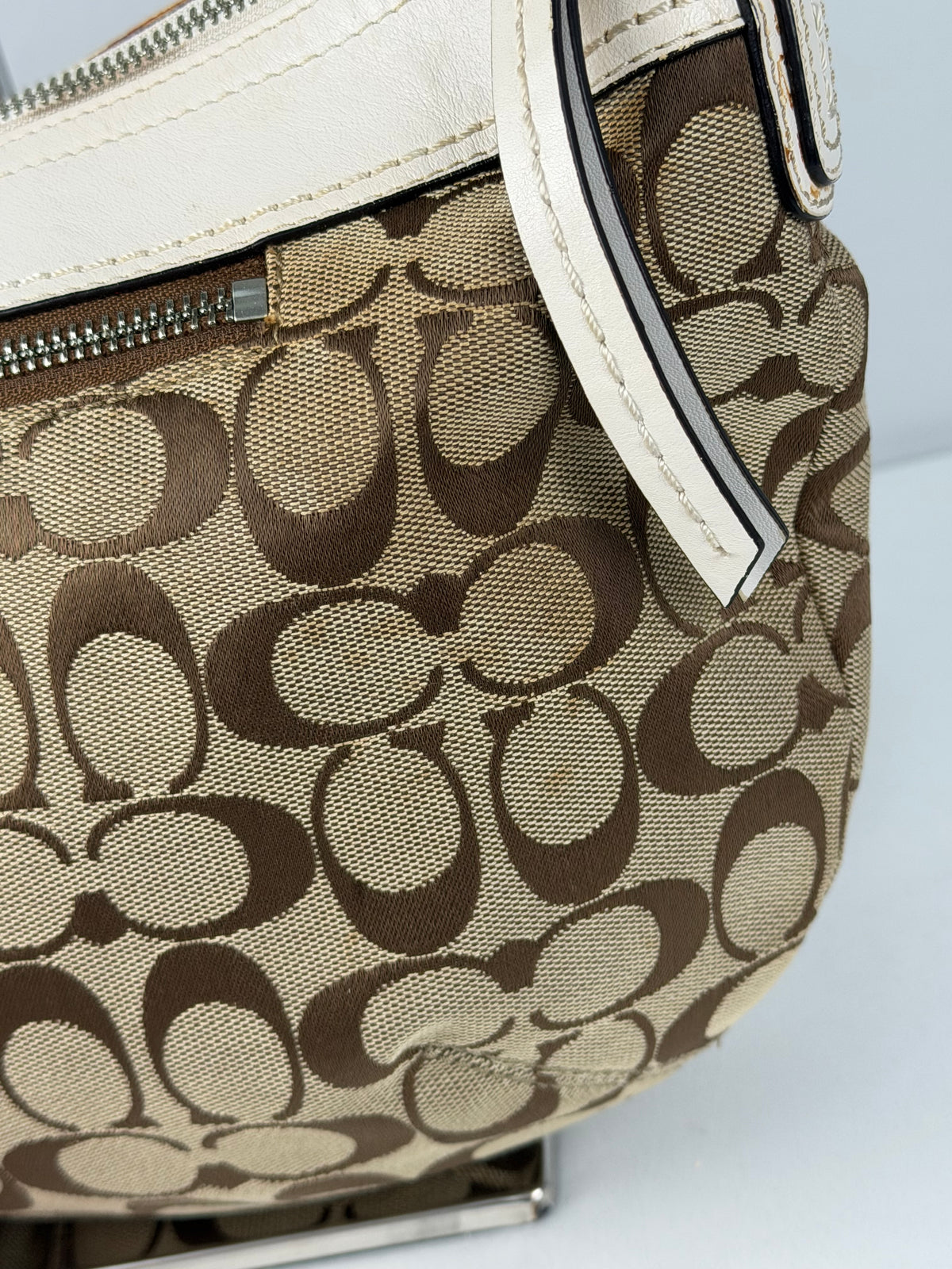 Coach F13740 Signature Brown Monogram White Leather Trim Hobo Shoulder Bag