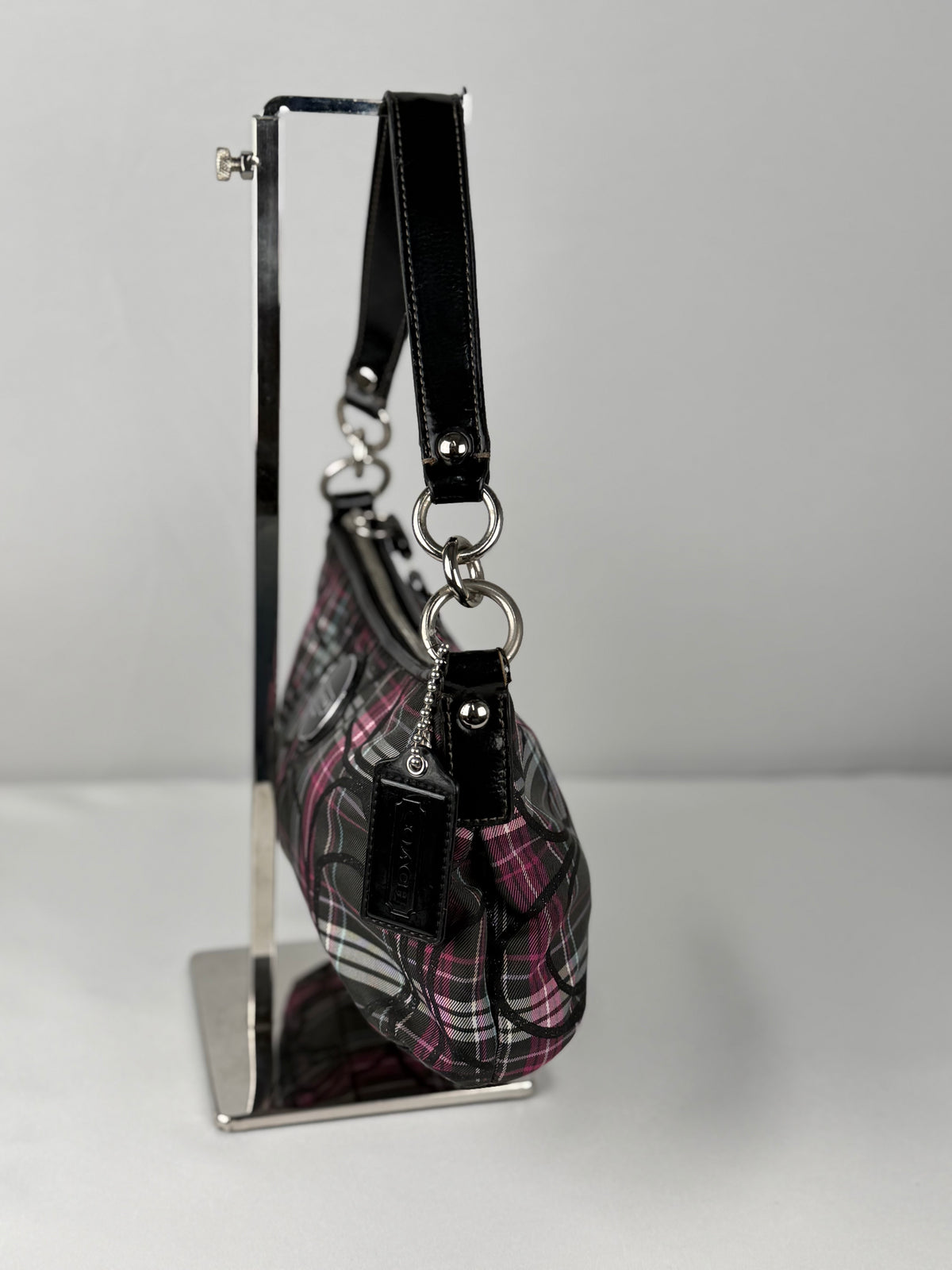 Coach F17670 Poppy Tartan Pink and Black Shoulder Bag Leather Trim