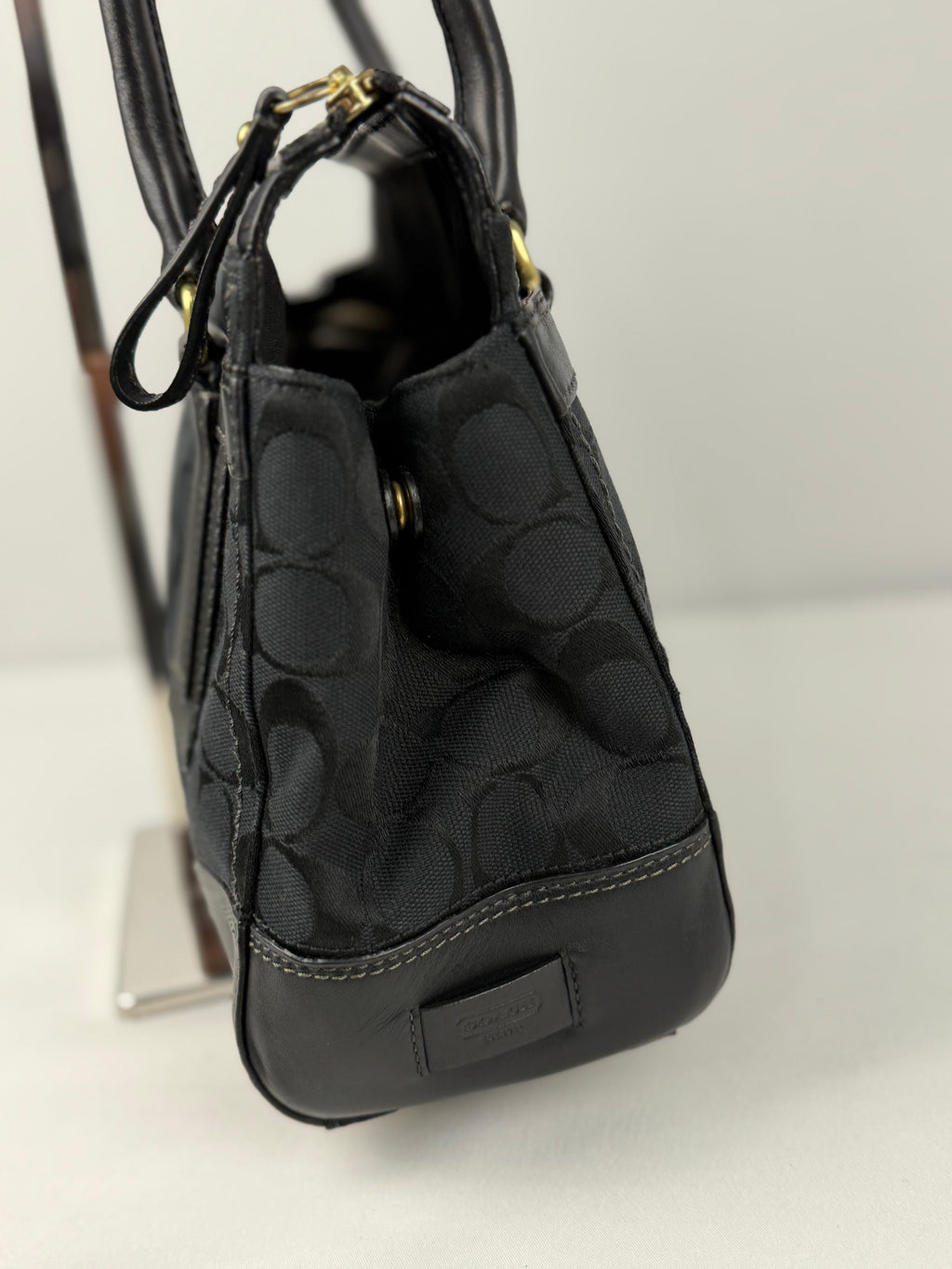 Coach 11062 Hampton Turnlock Black Monogram Shoulder Bag Leather Trim