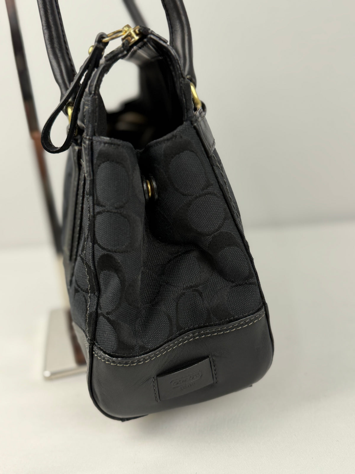 Coach 11062 Hampton Turnlock Black Monogram Shoulder Bag Leather Trim