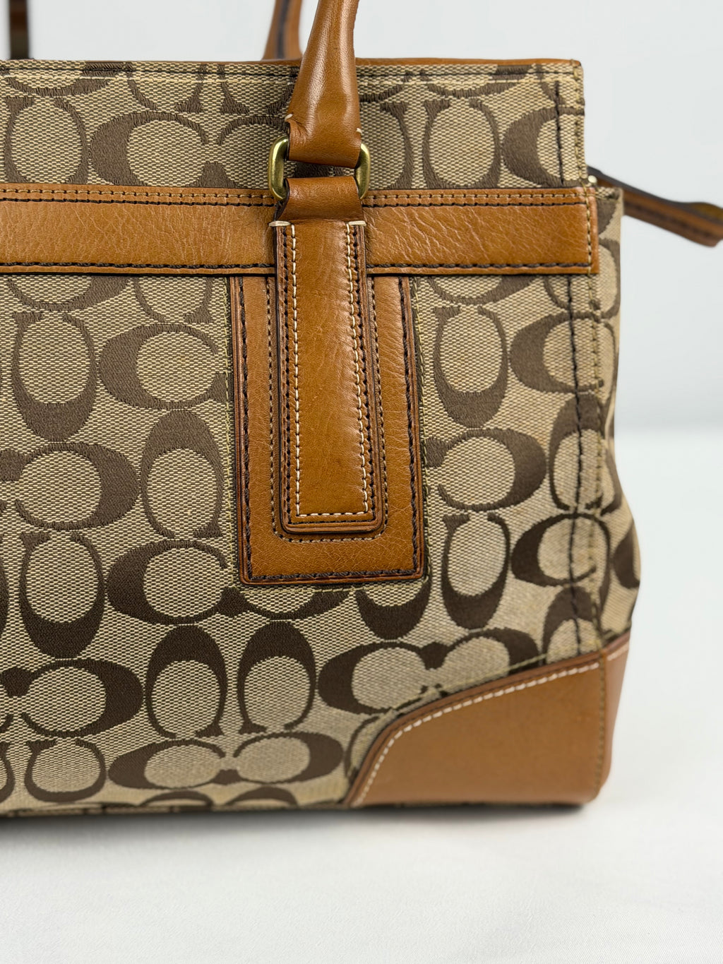 Coach 11063 Hampton Turnlock Signature Brown Monogram Shoulder Bag Leather Trim