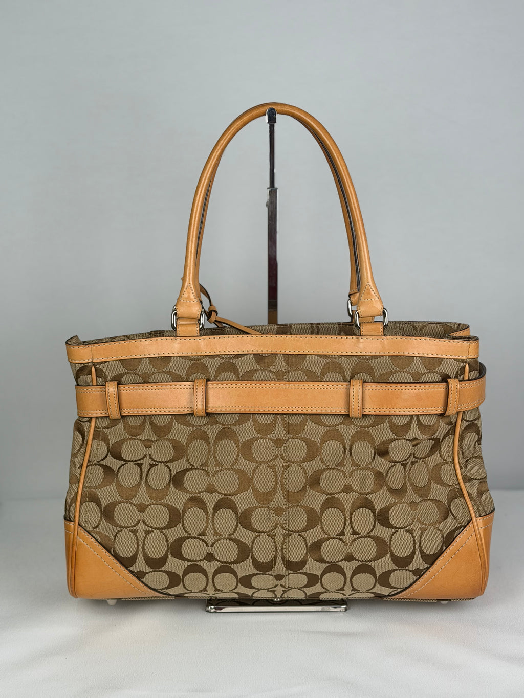Coach 8K07 Hampton Clip Signature Brown Monogram Shoulder Bag Tan Leather Trim with dustbag