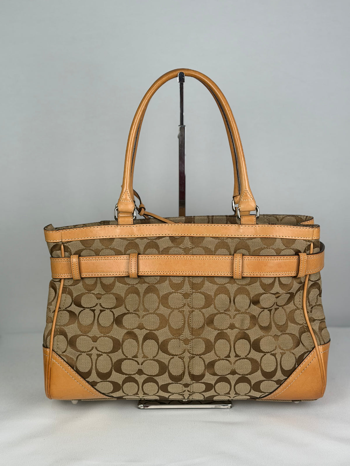 Coach 8K07 Hampton Clip Signature Brown Monogram Shoulder Bag Tan Leather Trim with dustbag
