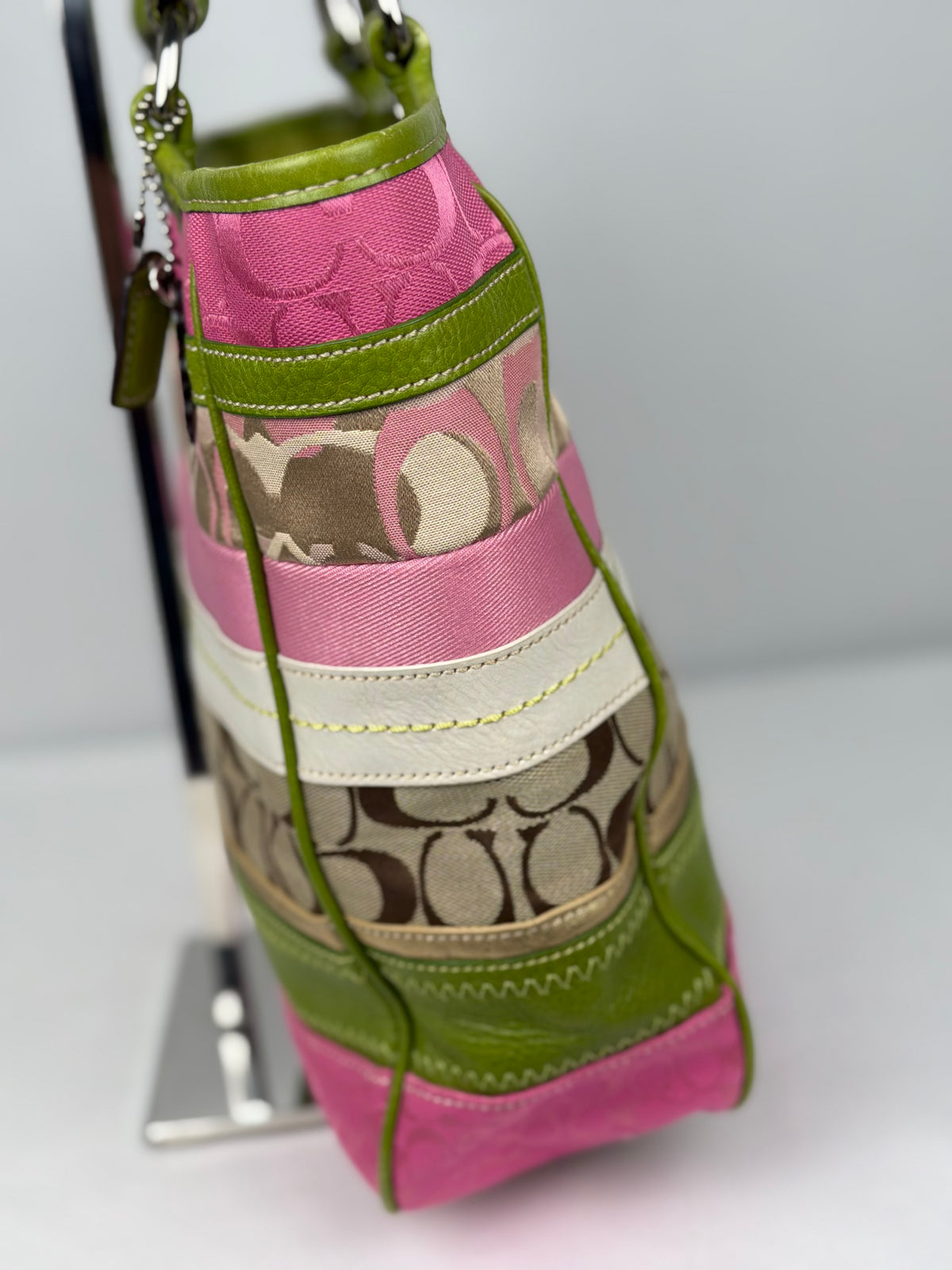 Coach F14726 Bleecker RARE Patchwork Pink/Green Monogram Shoulder Bag Leather Trim
