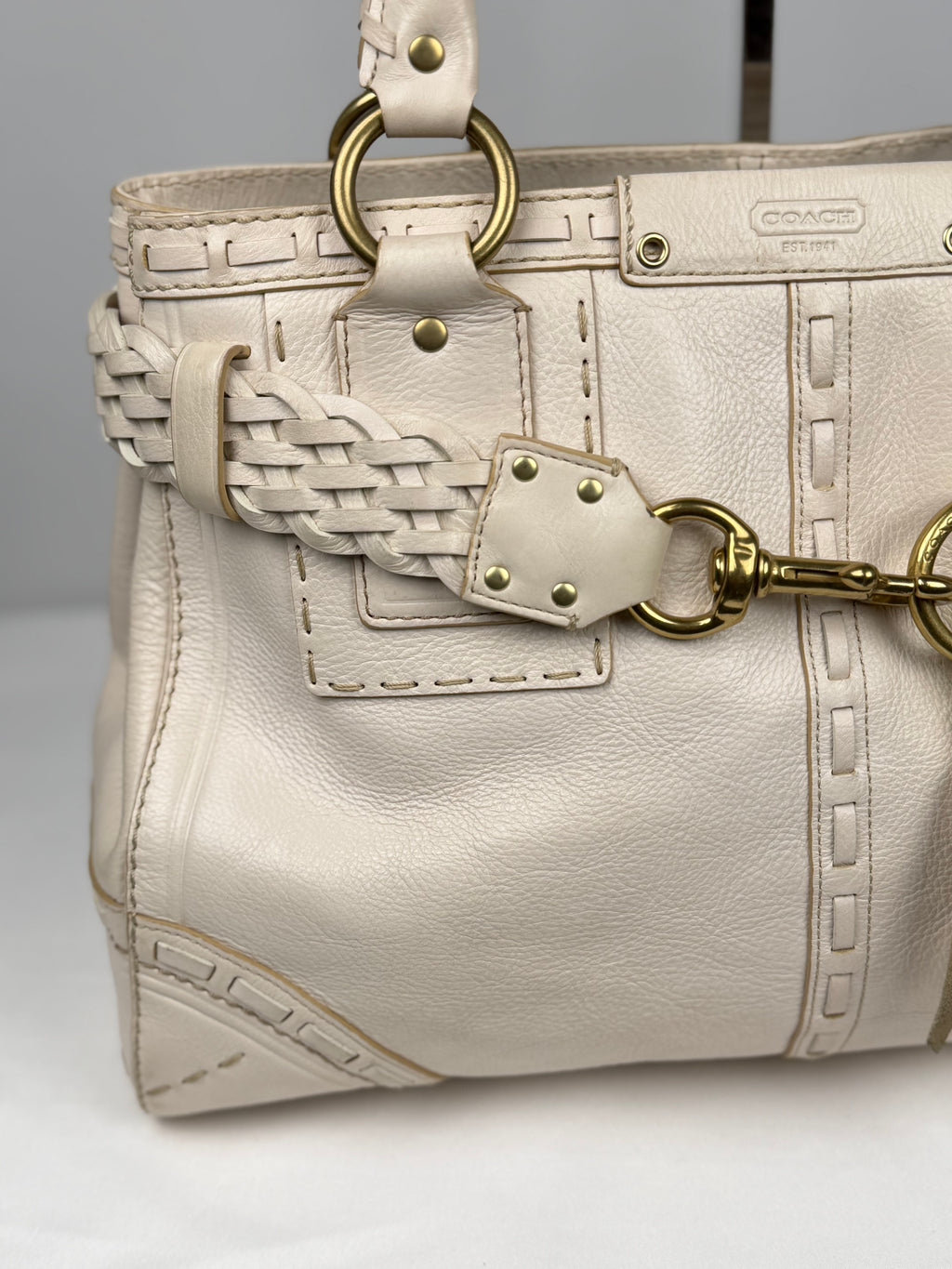 Coach 9290 Hampton Clip White Leather Shoulder Bag Braided Detailing