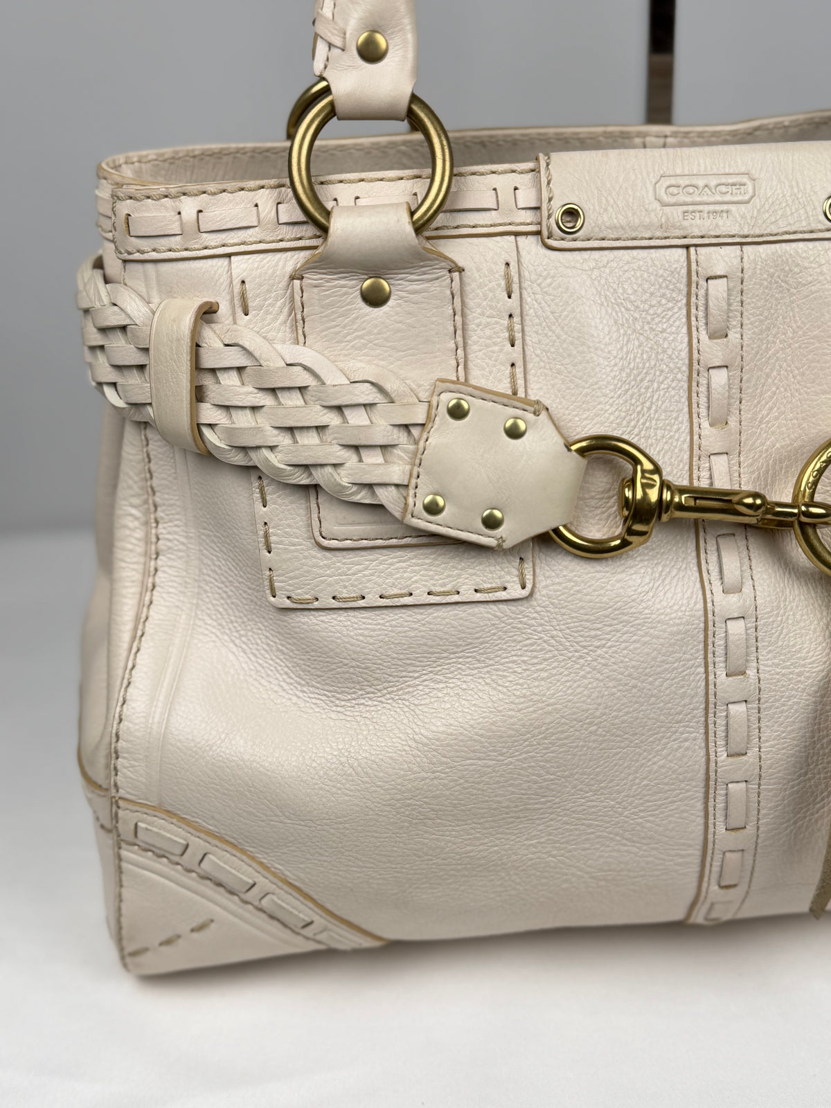 Coach 9290 Hampton Clip White Leather Shoulder Bag Braided Detailing