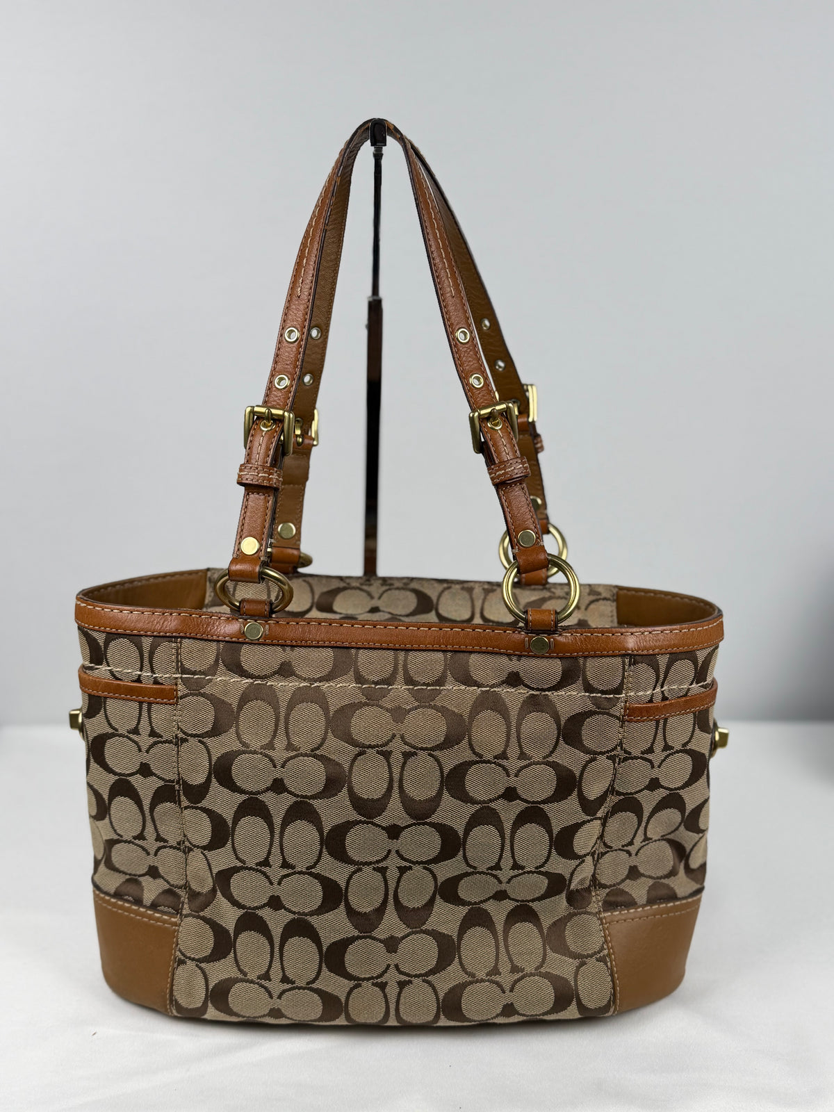 Coach 11237 Signature Brown Monogram Gallery Tote Shoulder Bag Leather Trim