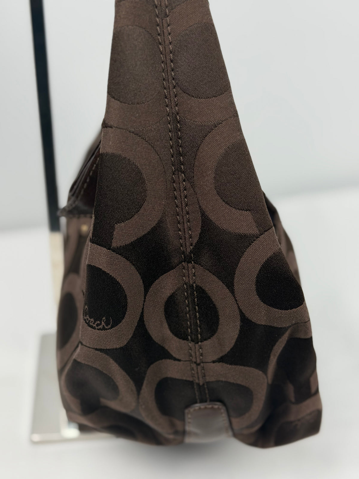 Coach 14061 Hobo Brown Op Art Shoulder Bag Leather Trim