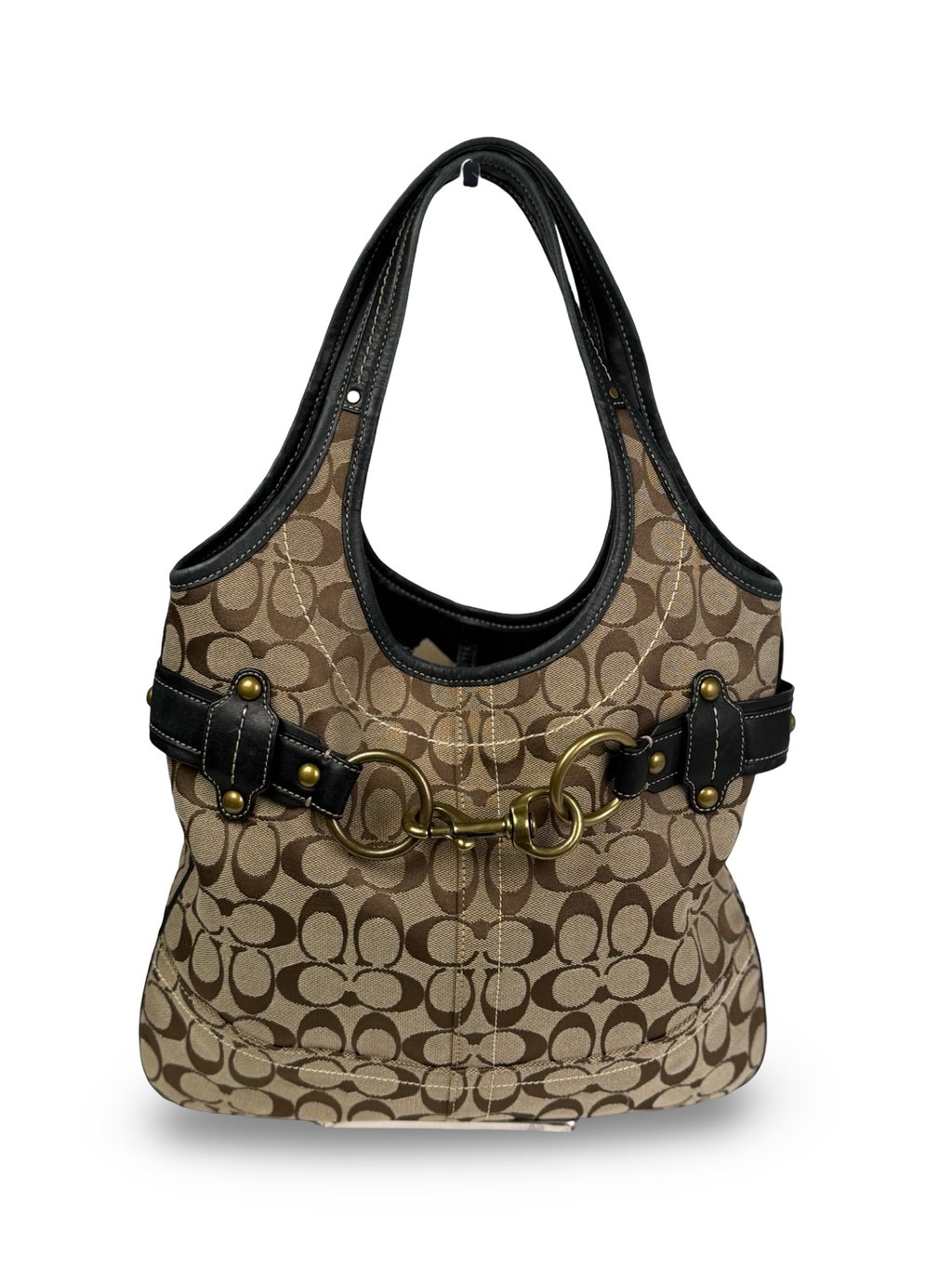 Coach 11280 Ergo Horsebit Signature Brown Monogram Shoulder Bag Black Leather Trim