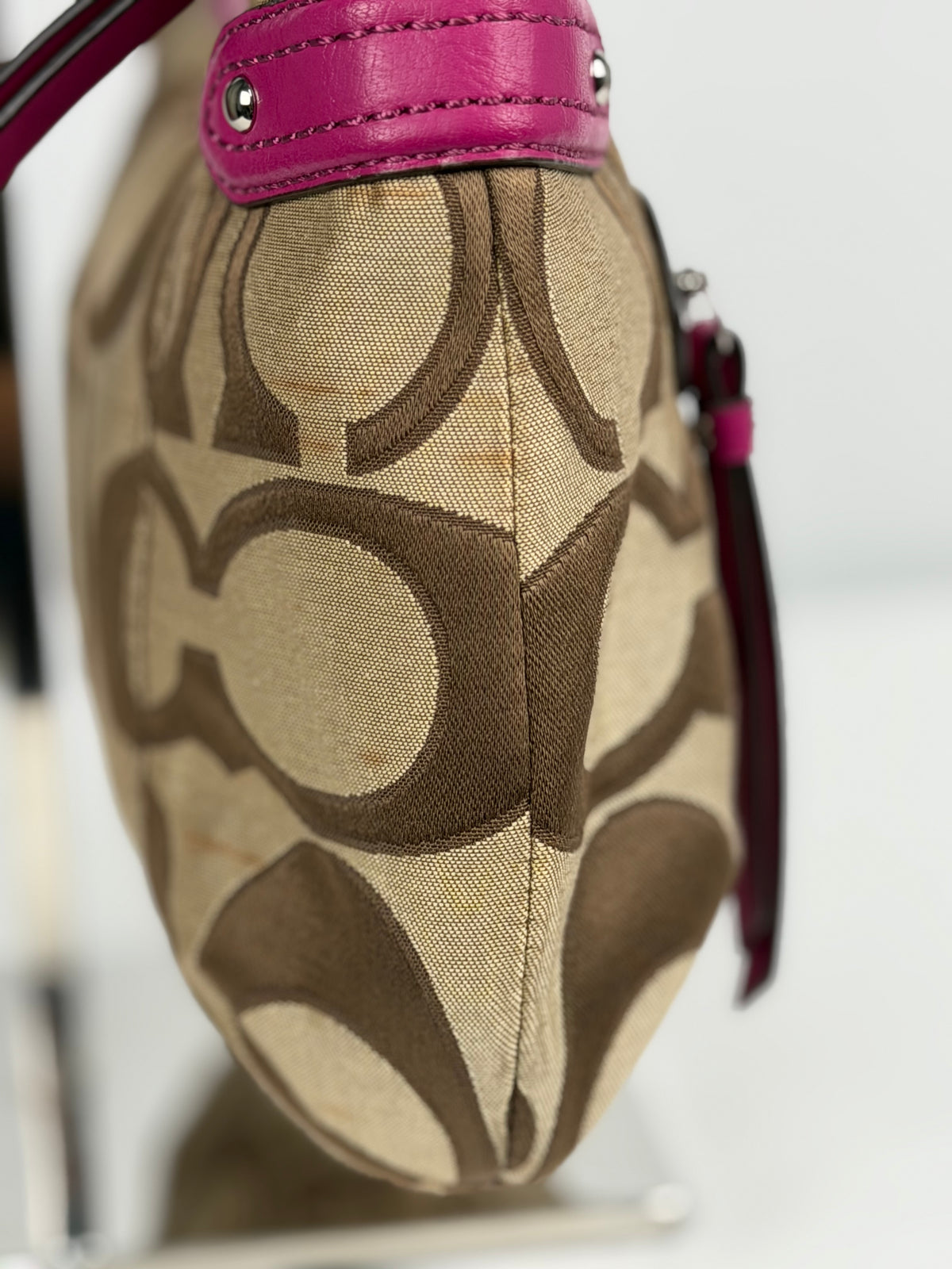 Coach F24063 Signature Brown Monogram Shoulder Bag Pink Leather Trim