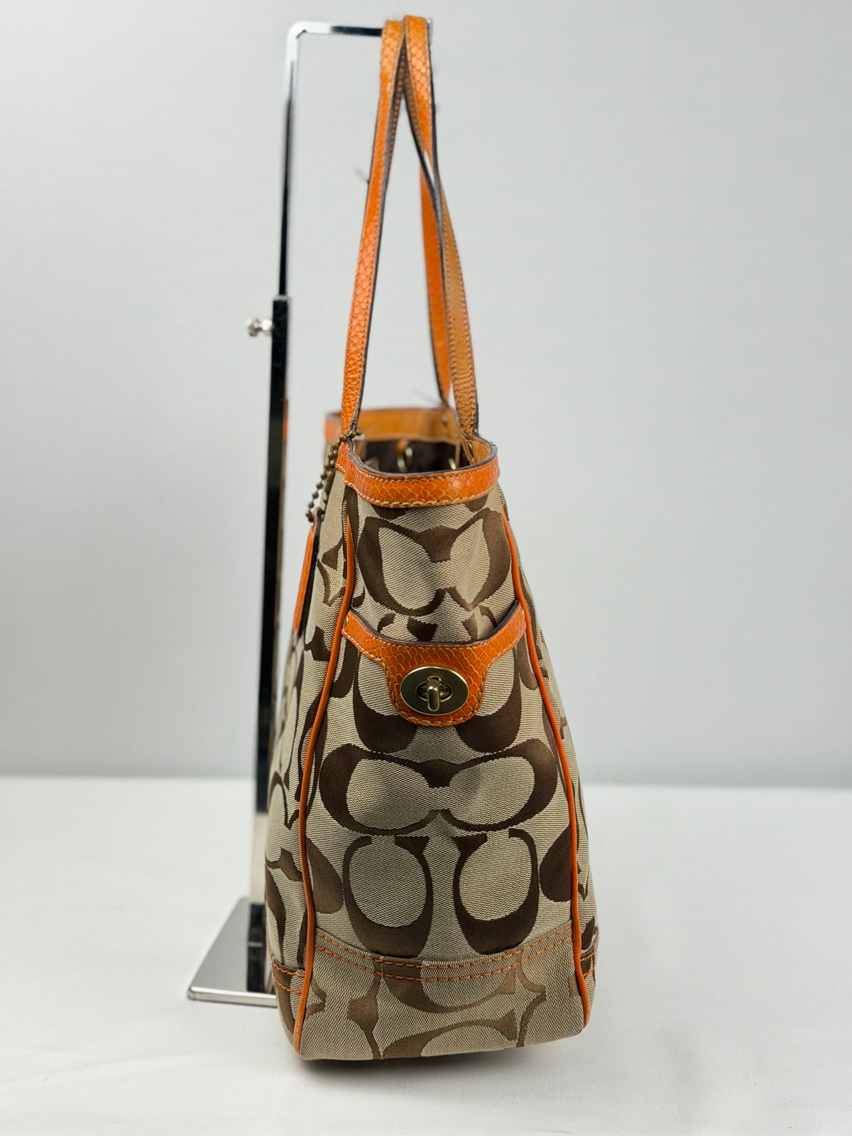 Coach 8626 Signature Brown Monogram Tote Shoulder Bag Orange Leather Trim