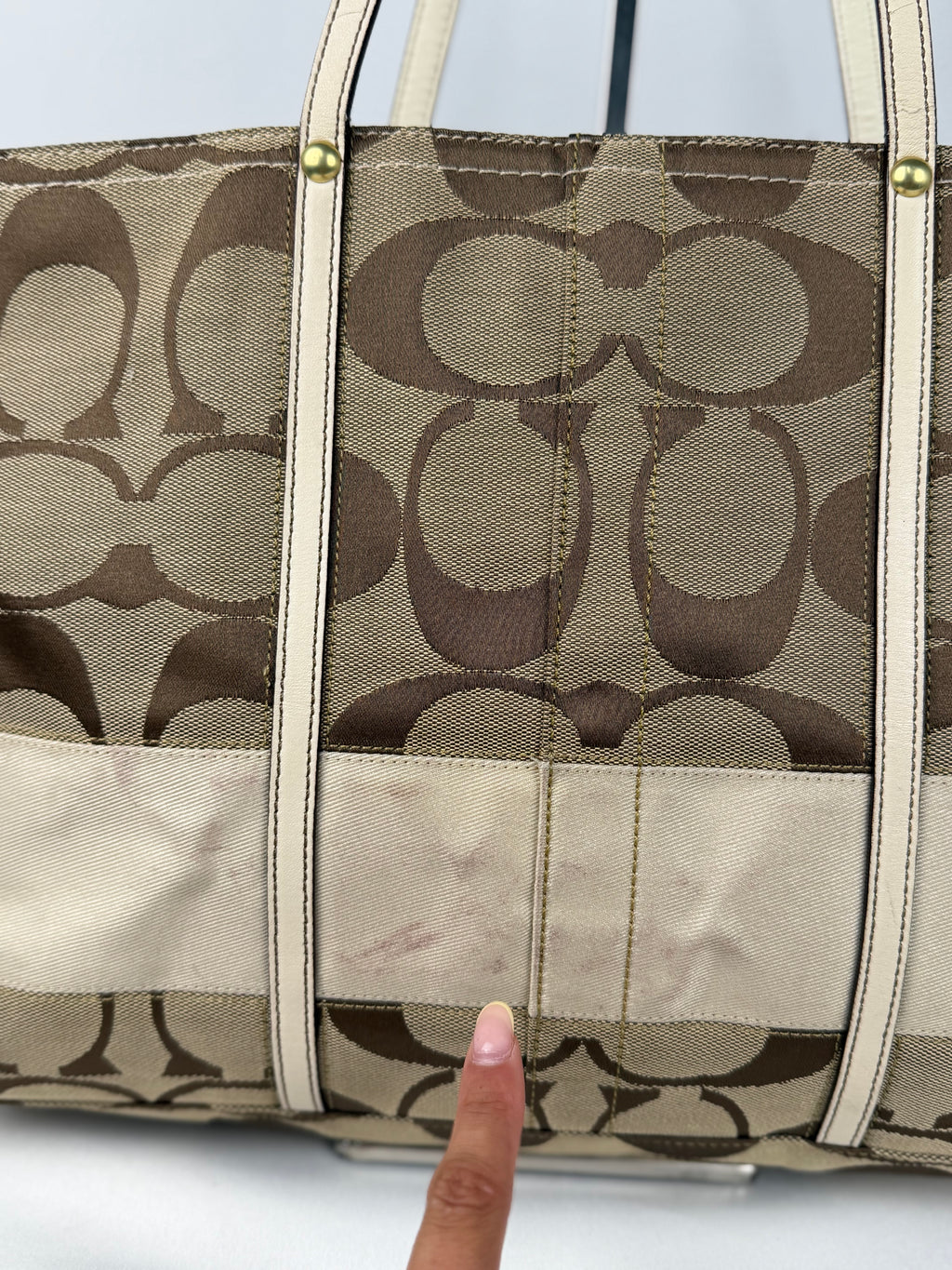 Coach F11099 Signature Brown/Cream Monogram Tote Shoulder Bag Leather Trim