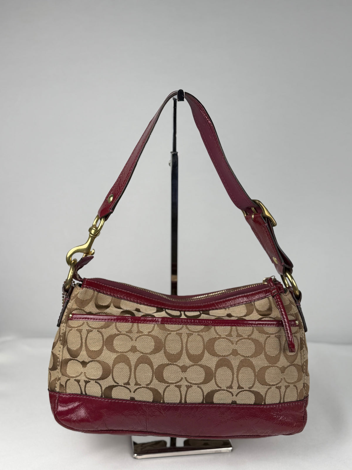 Rare Coach F12869 Legacy Double Pocket Turnlock Shoulder Bag Burgundy Patent Leather Trim