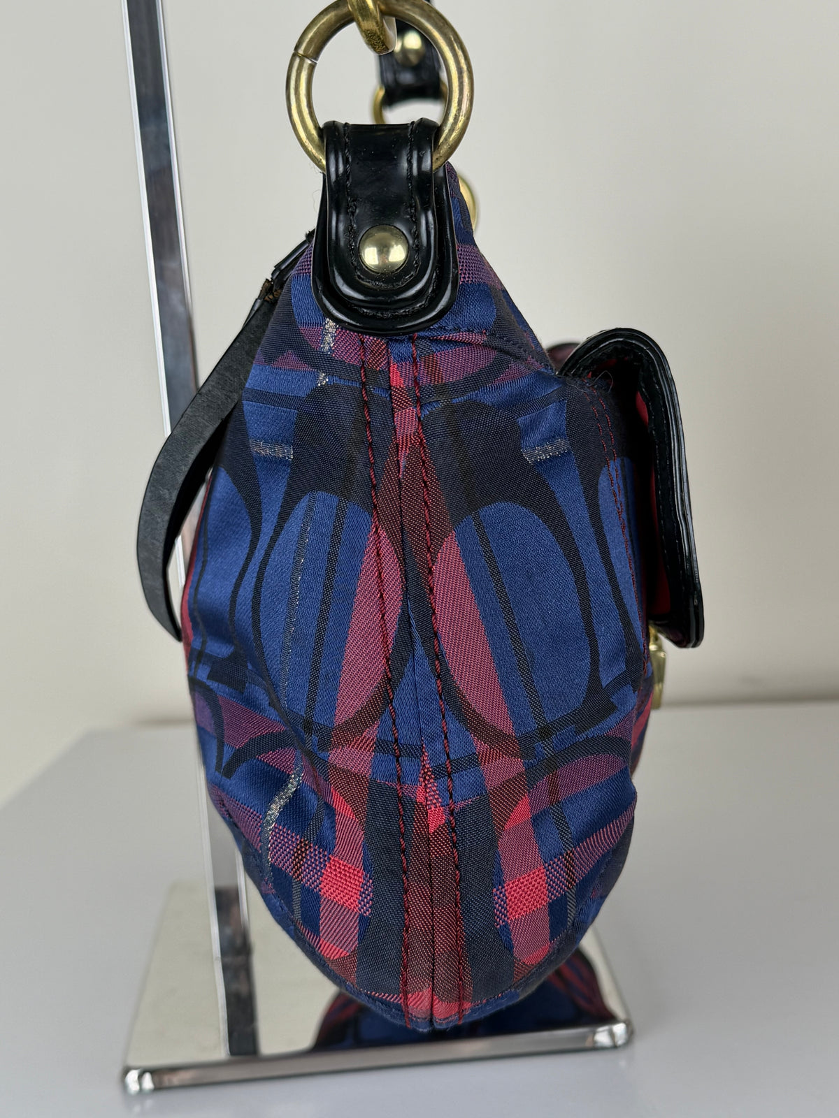 Coach 21621 Check Pattern Blue/Red/Pink Monogram Shoulder Bag