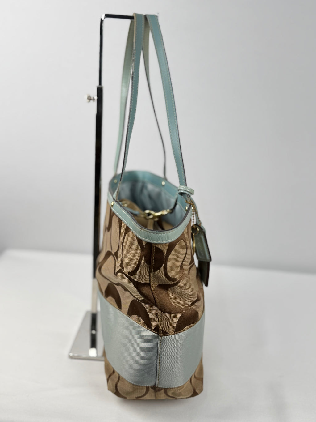 Coach 10124 Signature Brown/Blue Monogram Shoulder Tote Bag Leather Trim