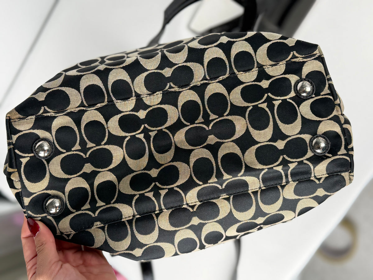 Coach F19262 Signature Black/Grey Monogram Turnlock Shoulder Bag Leather Trim