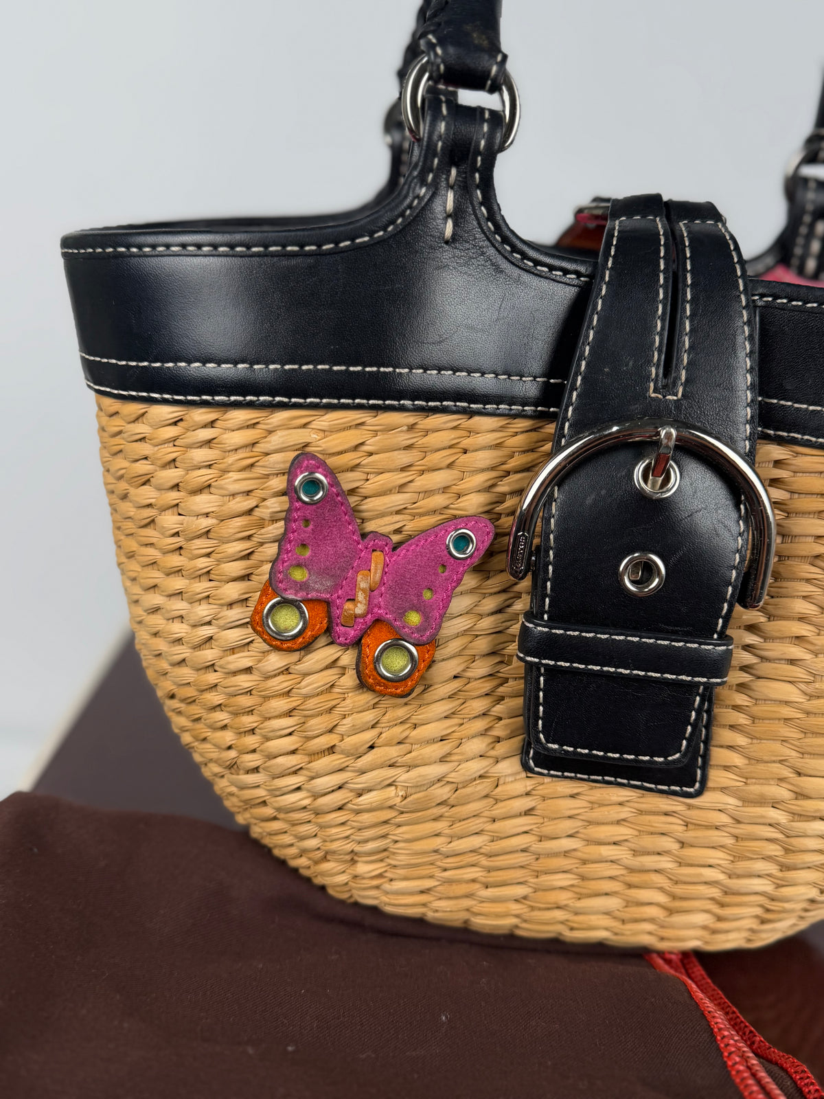 Coach 6270 Woven Wicker Basket Bag Butterfly Detail Leather Trim