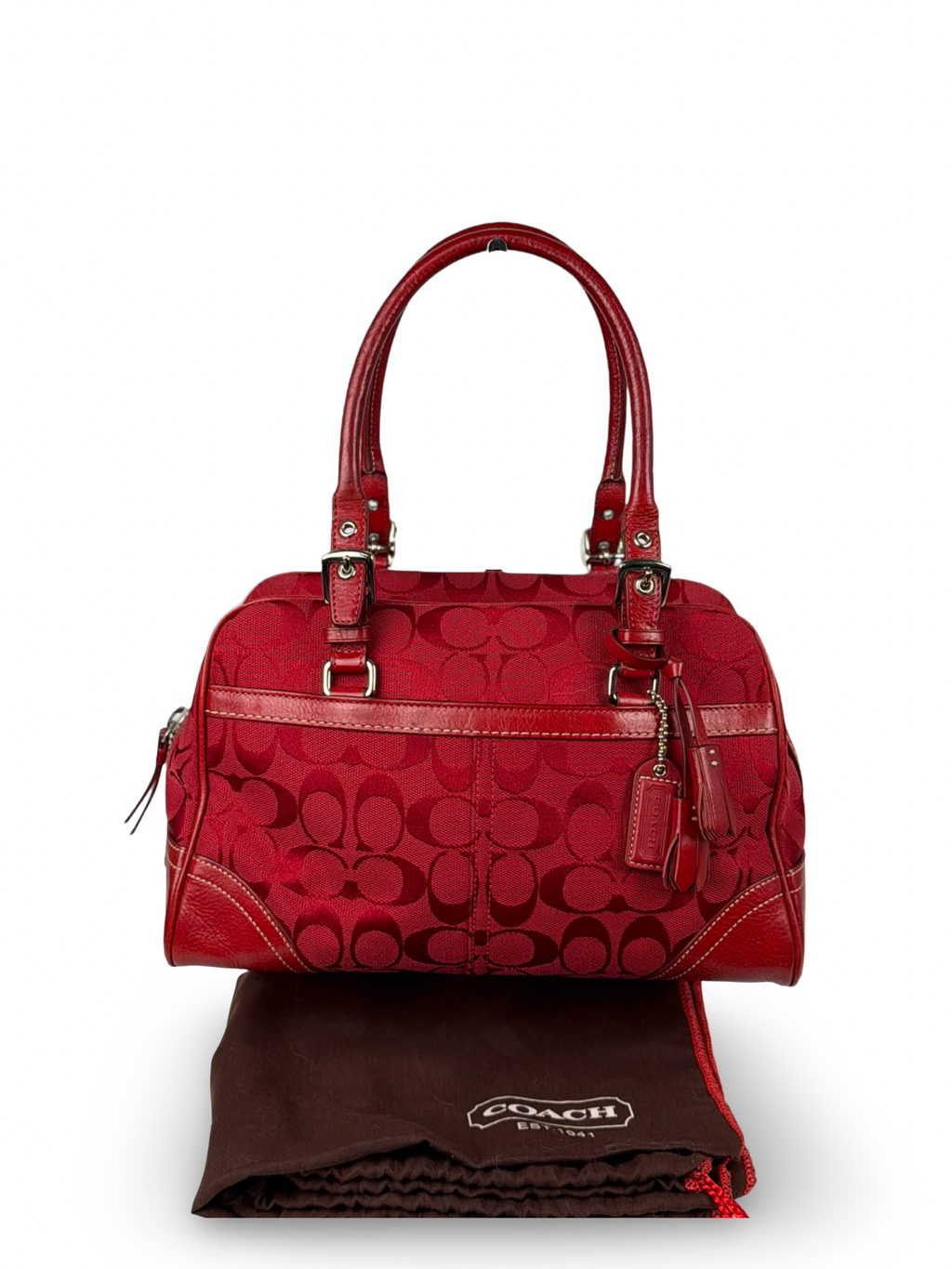 Coach 8K05 Mini Boston Signature Red Shoulder Bag Leather Trim