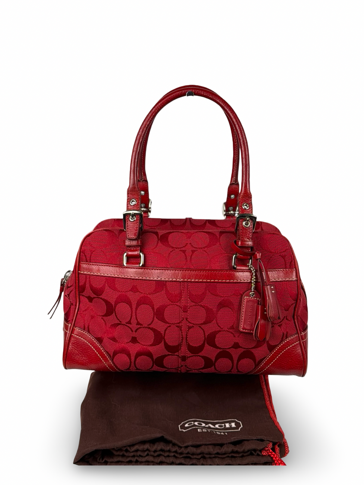 Coach 8K05 Mini Boston Signature Red Shoulder Bag Leather Trim