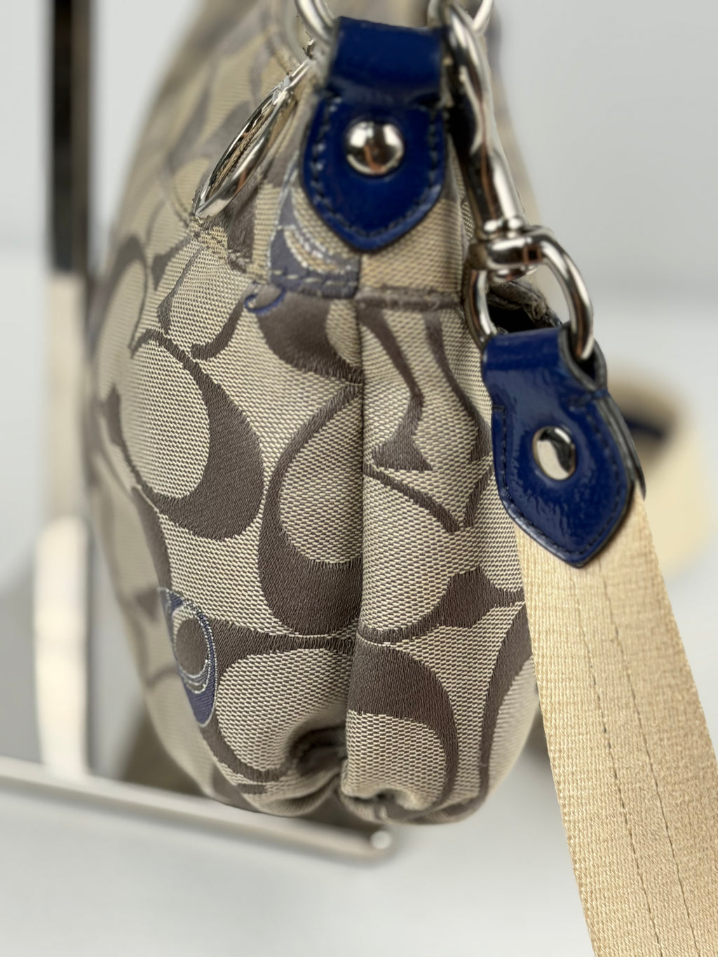 Coach F18756 Poppy Beige Monogram Blue Leather Trim Shoulder Bag
