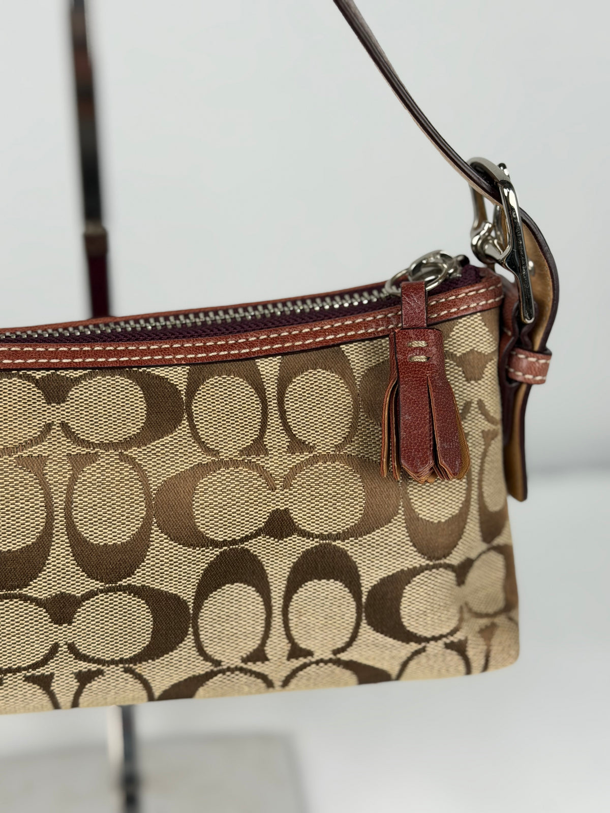 Coach 7039 Signature Brown Monogram Pink Suede Striped Detail Baguette Shoulder Bag