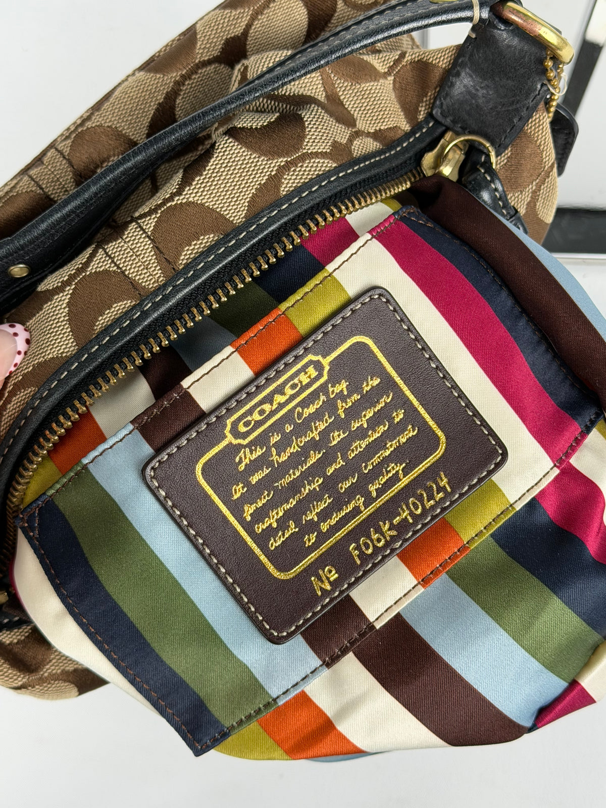 Coach 40224 Legacy Signature Brown Monogram Mini Shoulder Bag Leather Trim