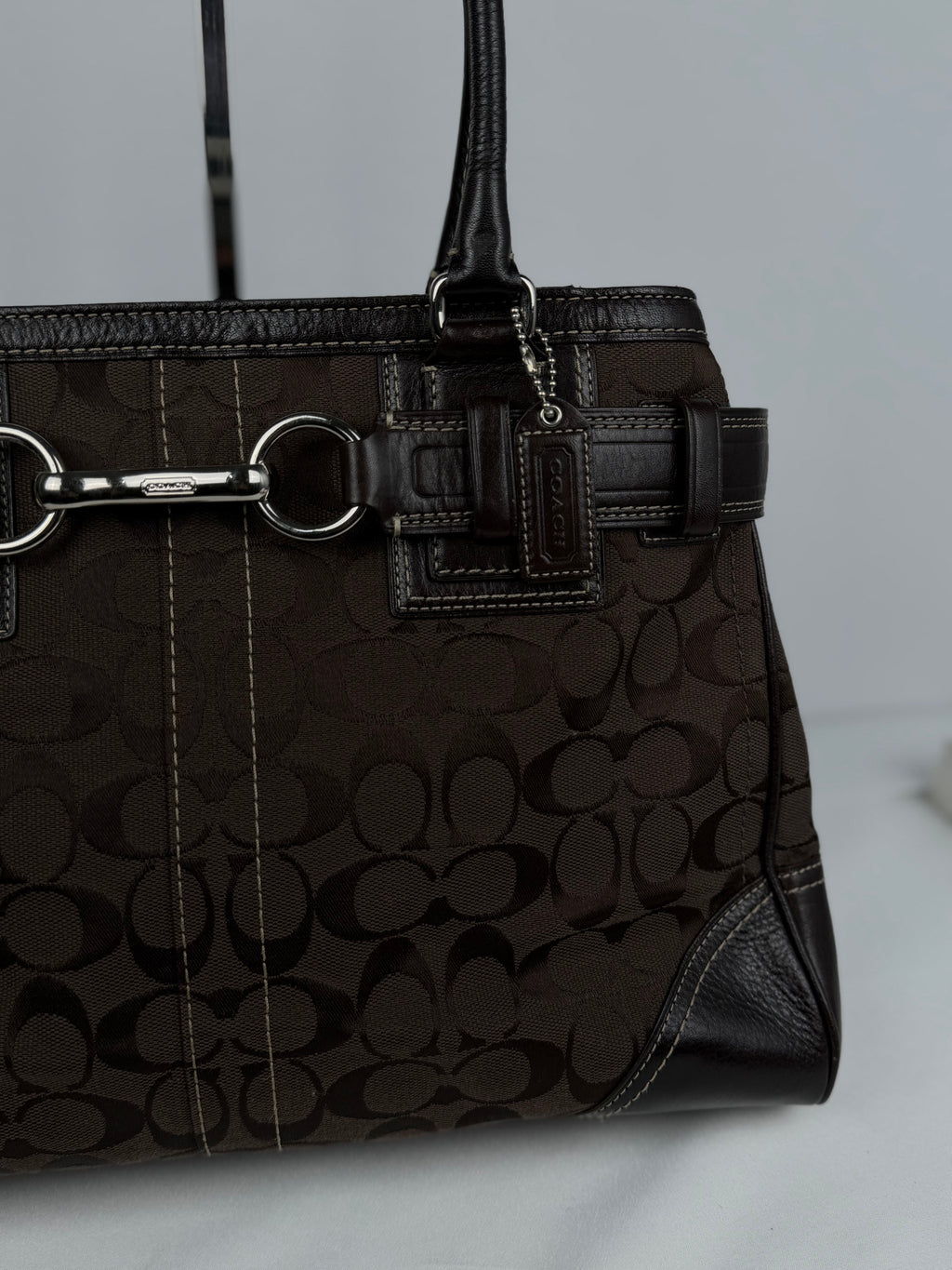 Coach 10246 Hampton Clip Signature Brown Shoulder Bag Leather Trim