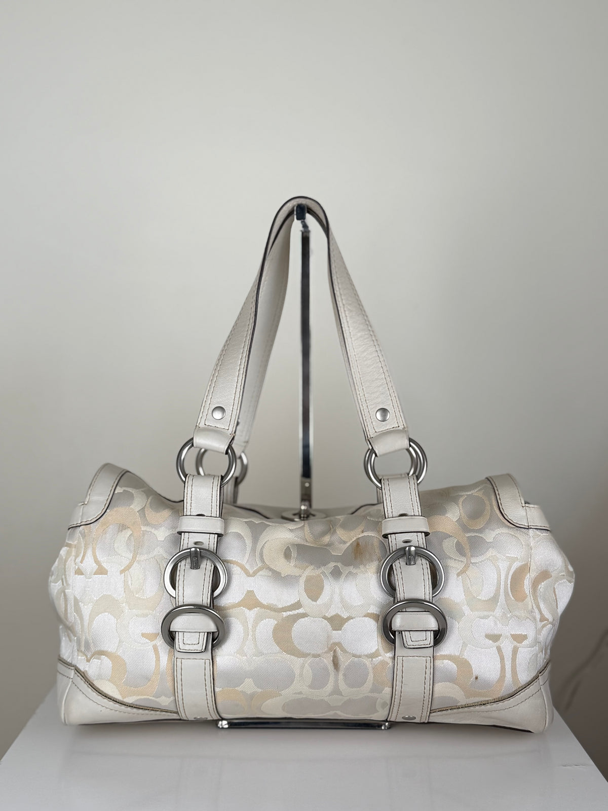 Coach 10145 Chelsea Turnlock White Cream Op Art Monogram Shoulder Bag Leather Trim