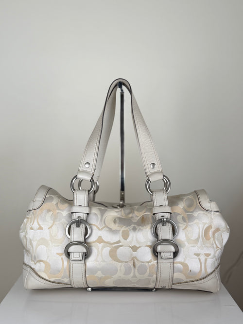 Coach 10145 Chelsea Turnlock White Cream Op Art Monogram Shoulder Bag Leather Trim