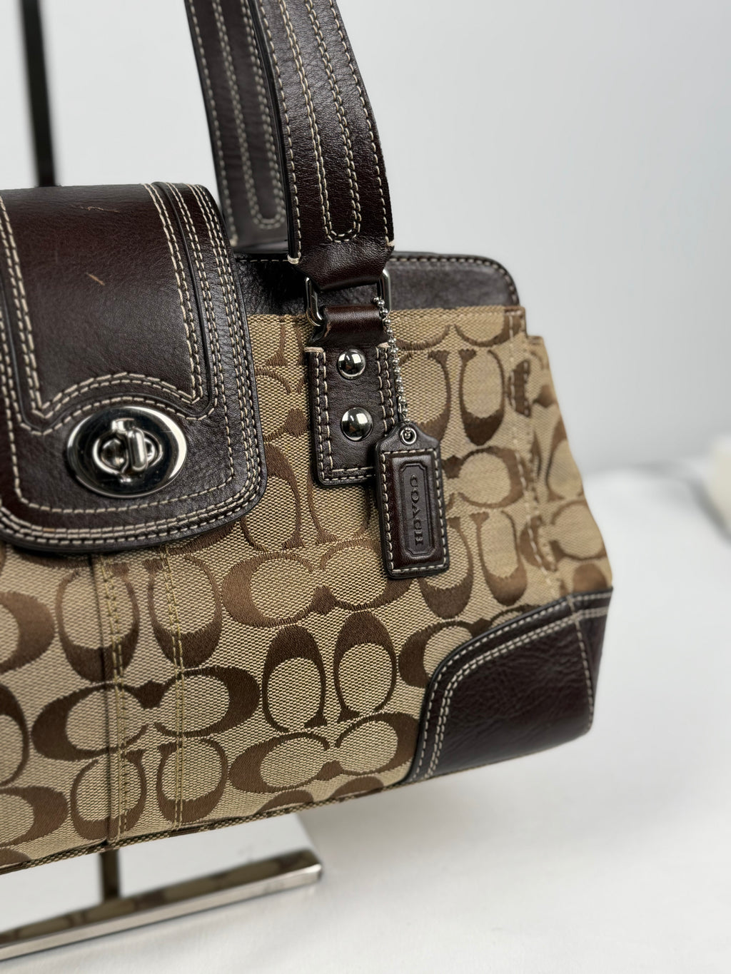 Coach F13975 Hampton Turnlock Flap Signature Brown Monogram Shoulder Bag Leather Trim