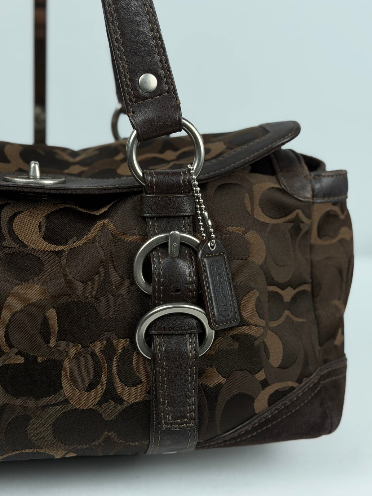 Coach 10145 Chelsea Turnlock Brown Op Art Shoulder Bag Suede Leather Trim
