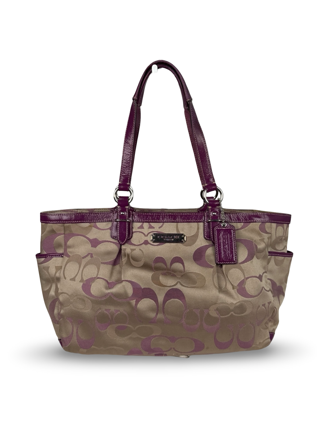 Coach F20444 Gallery Tote Optic Art Pink/Beige/Purple Shoulder Bag Leather Trim