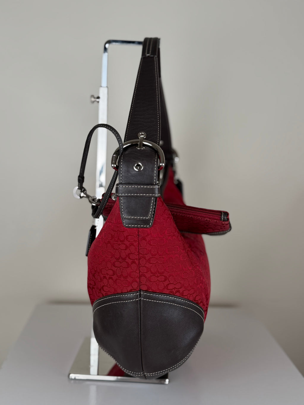 Coach 6385 Rare Hobo Red Signature Monogram Shoulder Bag with matching wristlet Brown Leather Trim