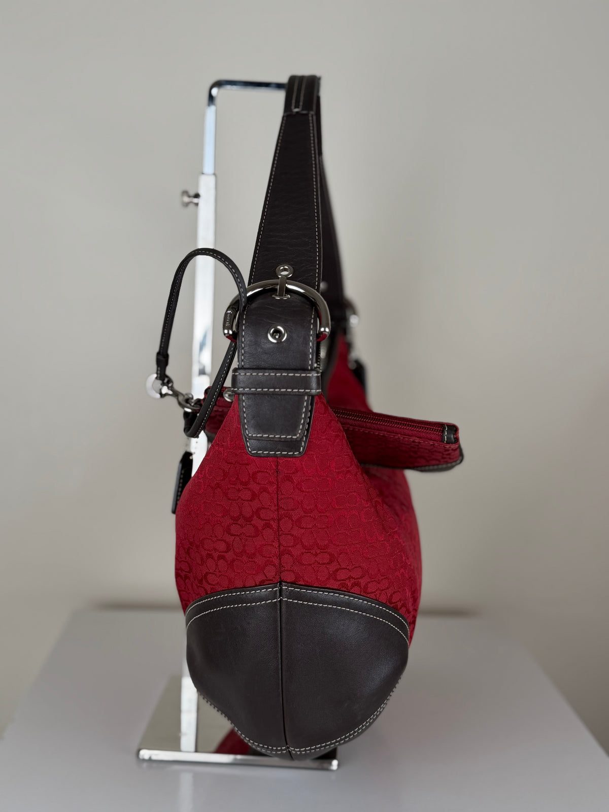 Coach 6385 Rare Hobo Red Signature Monogram Shoulder Bag with matching wristlet Brown Leather Trim